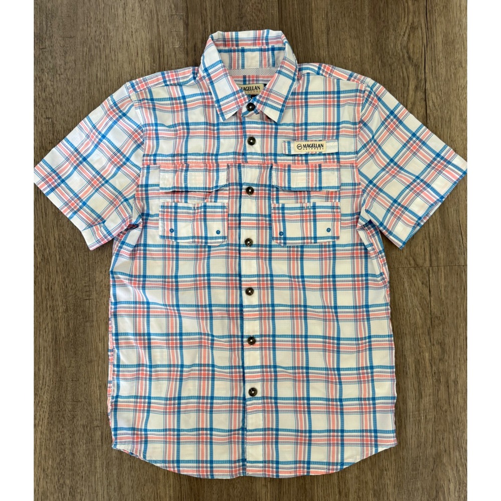 Magellan Outdoors Boys M 10-12 Caddo Lake Plaid Fishing Shirt Short Sleeve Blue